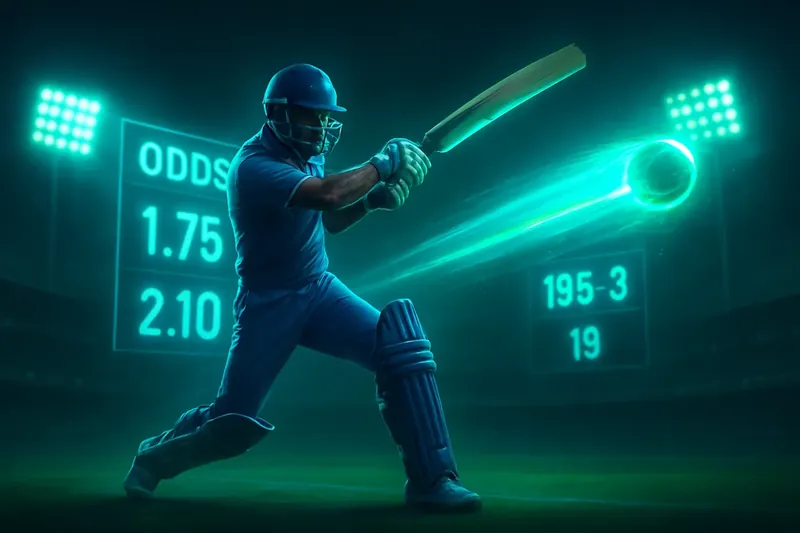 Batsman in blue jersey hits powerful shot with neon trail