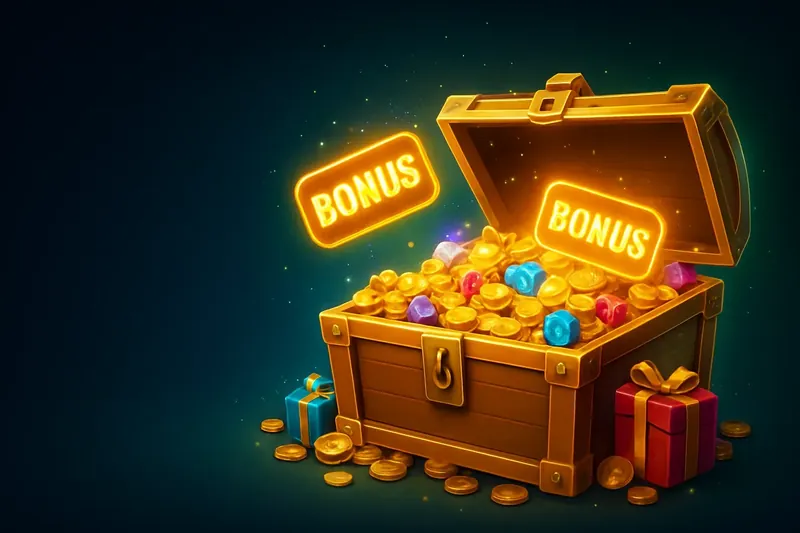 Golden treasure chest bursting with coins, gems, gifts, glowing bonus tags