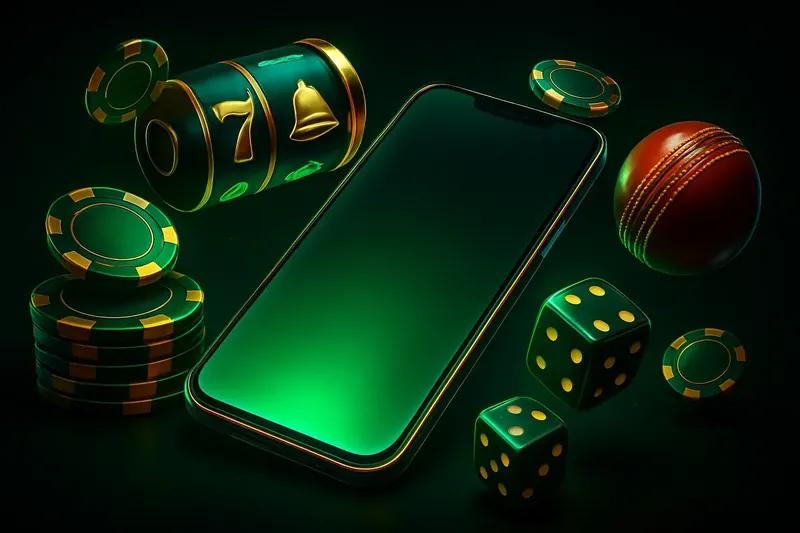 Glowing smartphone with casino chips, slot reels, dice, and cricket ball