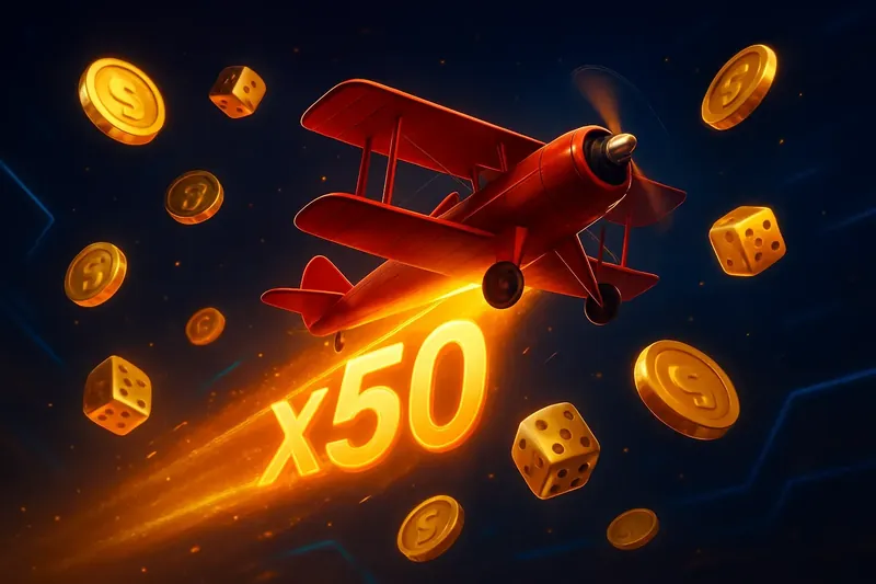 Red airplane soaring with glowing multiplier trail, coins and dice floating