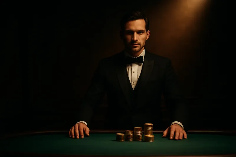 Professional dealer behind green felt table with golden chips under spotlight