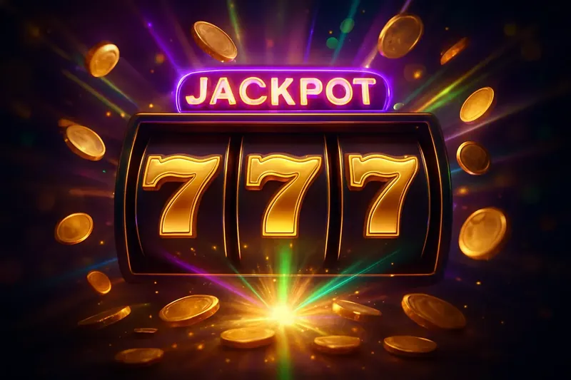 Slot machine jackpot with golden 777 symbols, coins, and neon light beams